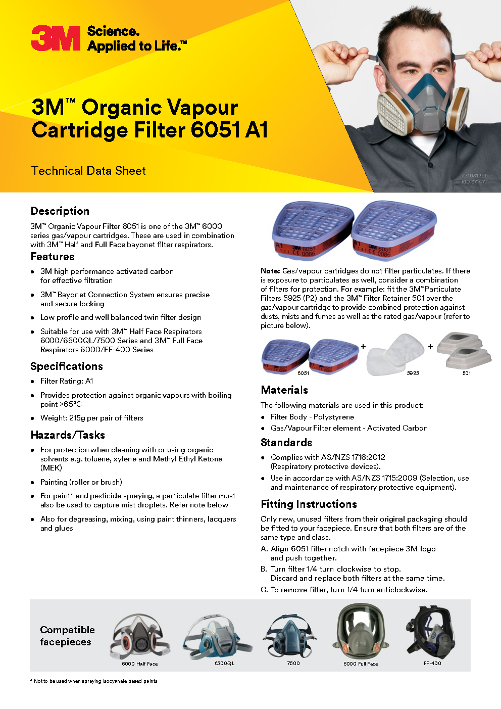3M™ Gas and Vapour Filter, A1, 6051: Compact A1 filter for organic vapour protection—lightweight, low-resistance, and built for industrial reliability. - Image 2