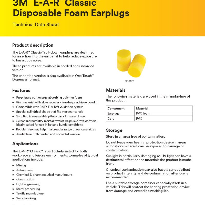 310-1001 - 3M E-A-R Classic Earplugs, Uncorded, Pillow Pack: Reliable comfort and proven hearing protection with the original 3M™ E A R™ Classic™ Earplugs.