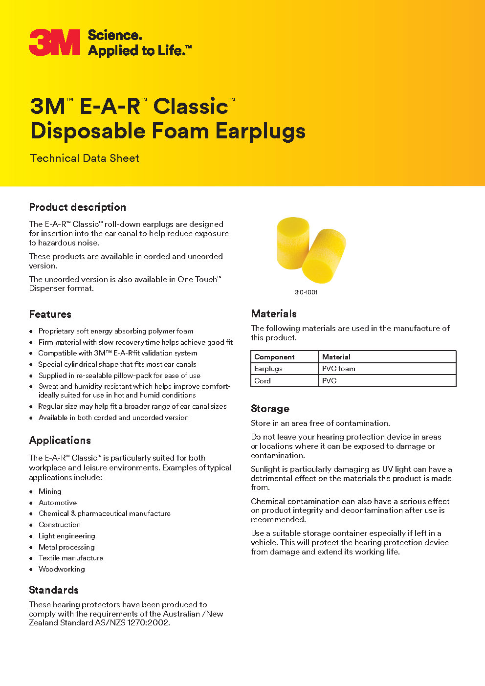 310-1001 - 3M E-A-R Classic Earplugs, Uncorded, Pillow Pack: Reliable comfort and proven hearing protection with the original 3M™ E A R™ Classic™ Earplugs.