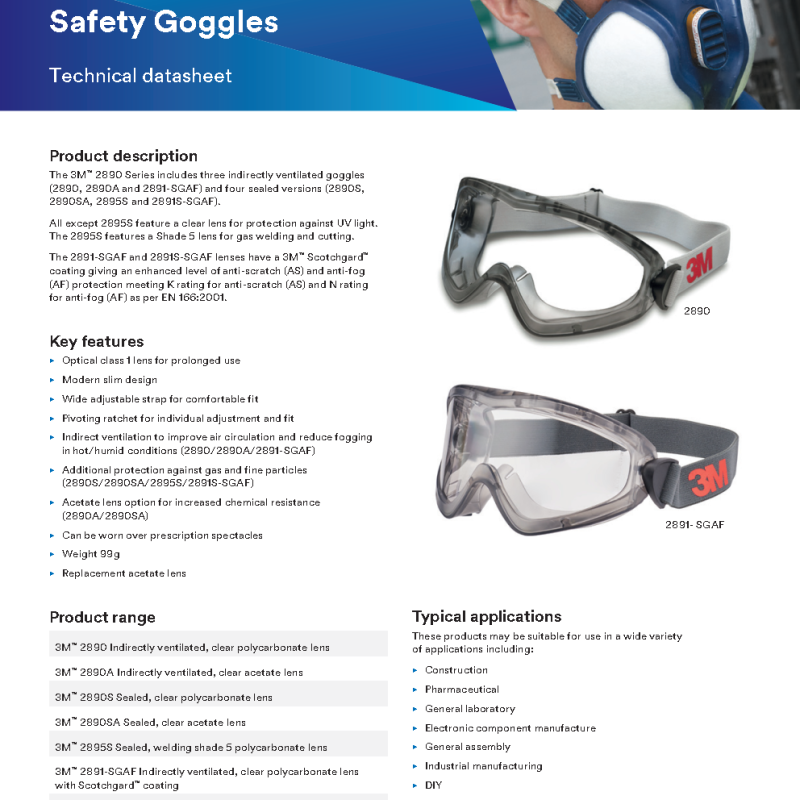 3M™ 2890 Safety Goggles – Sealed, Anti‑Fog, Clear Lens for Maximum Eye Protection.
