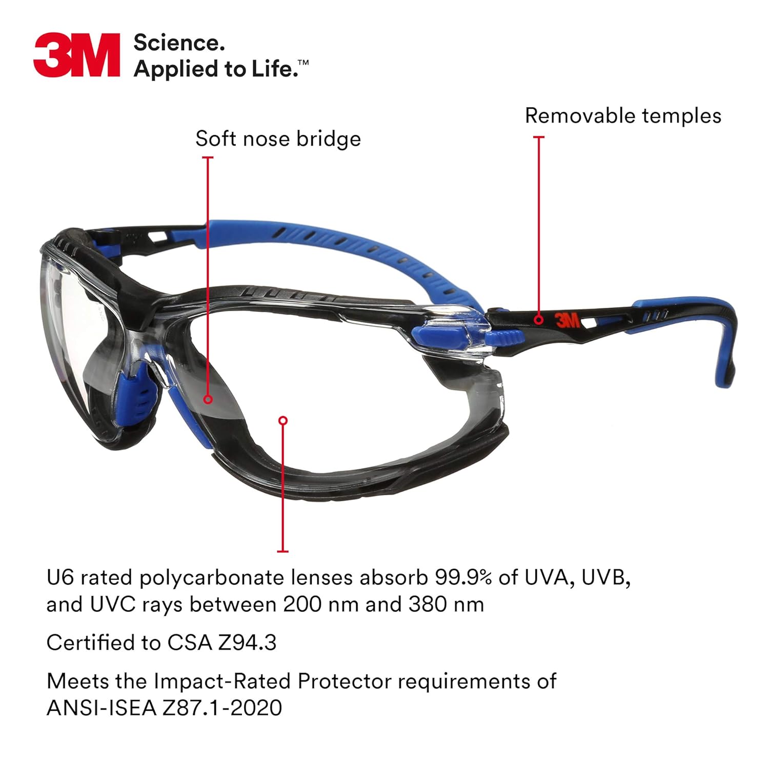 3M™ Solus™ 1000 Safety Glasses – Stylish blue/black frame with Scotchgard™ anti‑fog and anti‑scratch clear lenses.